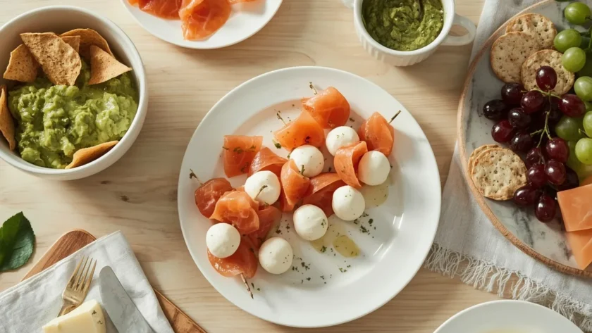 No-cook appetizers including guacamole, cucumber rounds, caprese skewers and a cheese board