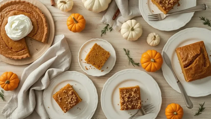 Pumpkin recipes including pumpkin pie, pumpkin bread, muffins and cheesecake bars