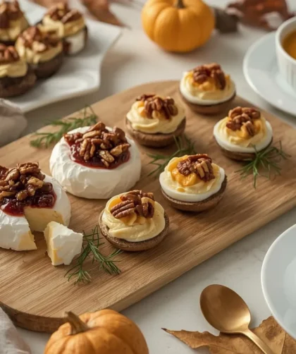 Thanksgiving appetizers including baked brie, cranberry crostini, stuffed mushrooms and soup shooters