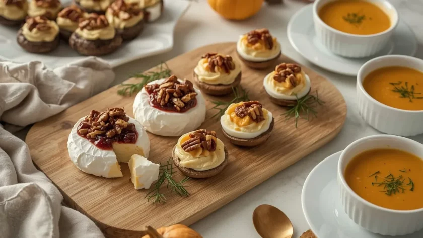 Thanksgiving appetizers including baked brie, cranberry crostini, stuffed mushrooms and soup shooters