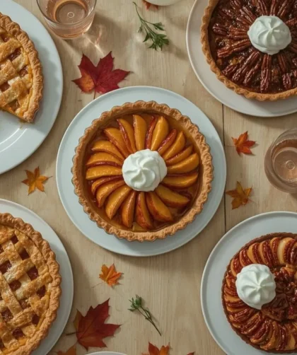 Thanksgiving desserts including pumpkin pie, apple pie, pecan pie and apple tart