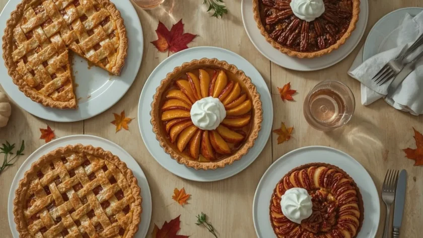 Thanksgiving desserts including pumpkin pie, apple pie, pecan pie and apple tart