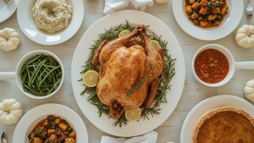 Thanksgiving table with roast turkey, mashed potatoes, stuffing, green beans, butternut squash, cranberry sauce and pumpkin pie