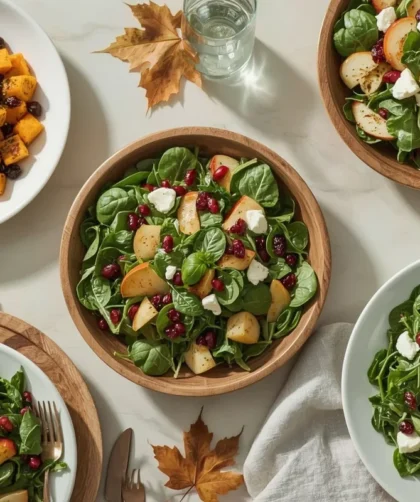 Thanksgiving salads including butternut squash salad, cranberry spinach salad and pear gorgonzola salad