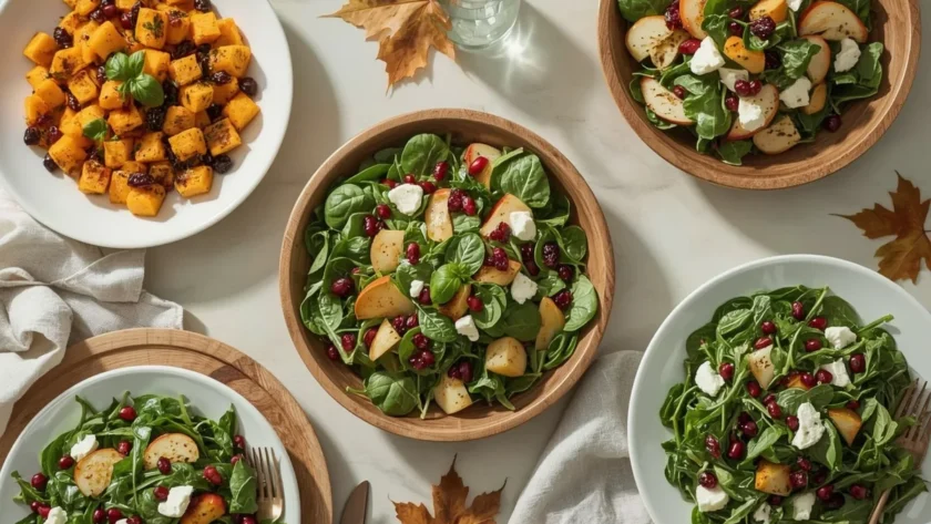 Thanksgiving salads including butternut squash salad, cranberry spinach salad and pear gorgonzola salad