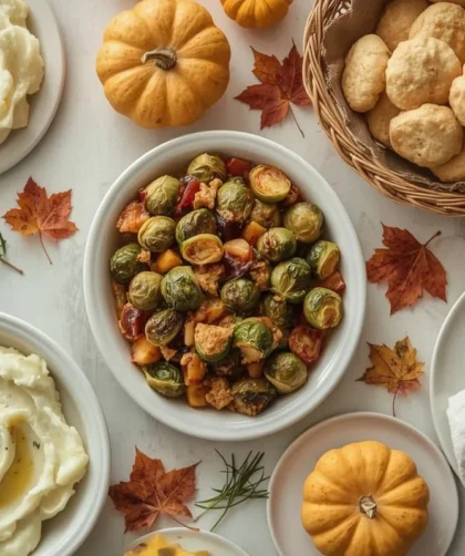 Thanksgiving side dishes including mashed potatoes, stuffing, Brussels sprouts and cranberry conserve
