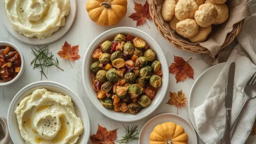Thanksgiving side dishes including mashed potatoes, stuffing, Brussels sprouts and cranberry conserve