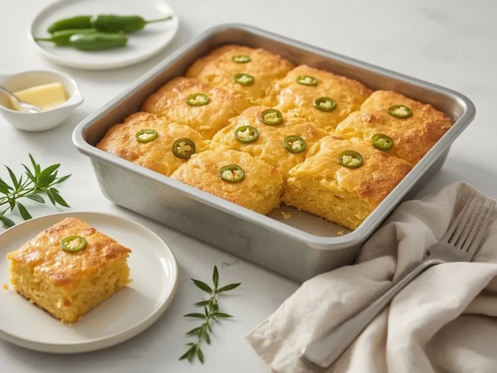 Jalapeño cheddar cornbread squares with melted cheese and sliced jalapeños in a baking pan