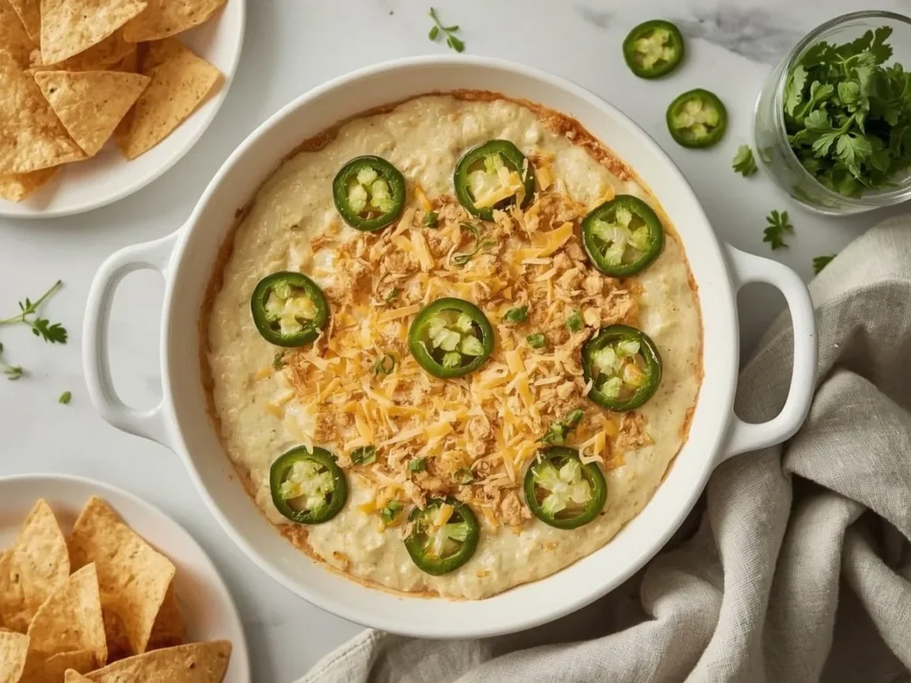 Jalapeño popper dip with crunchy panko topping and sliced jalapeños