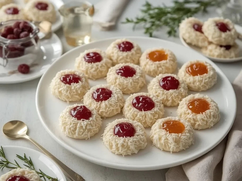 Coconut thumbprint cookies filled with raspberry and apricot jam on a white platter
