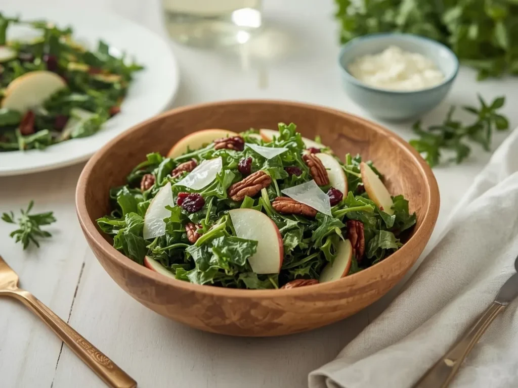 Kale salad with apples, cranberries and pecans in a wooden bowl