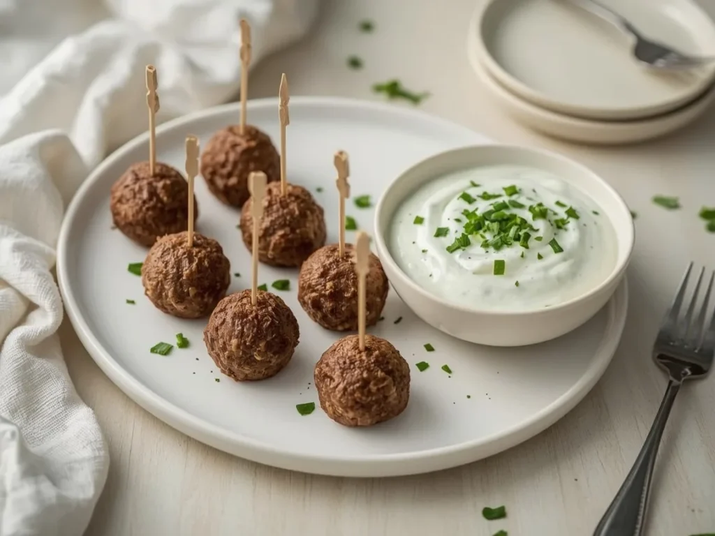 Lamb meatballs with toothpicks and a bowl of tzatziki sauce