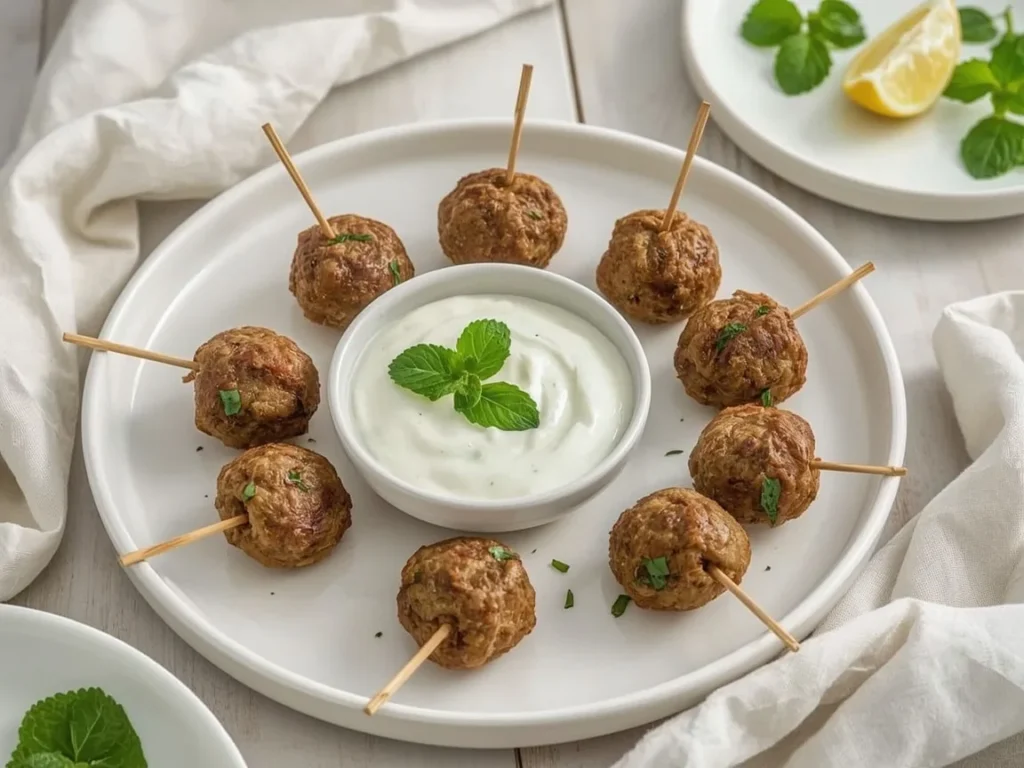 Lamb meatballs on toothpicks with yogurt-mint sauce and fresh mint