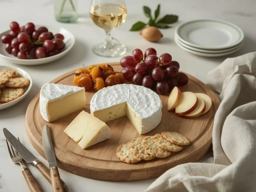 Easy cheese board with cheddar, brie, blue cheese, grapes, apples and crackers