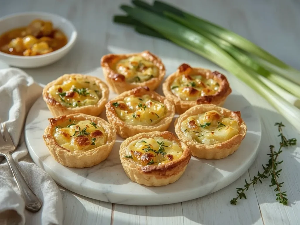 Leek and Gruyère mini quiches with golden pastry on a marble platter