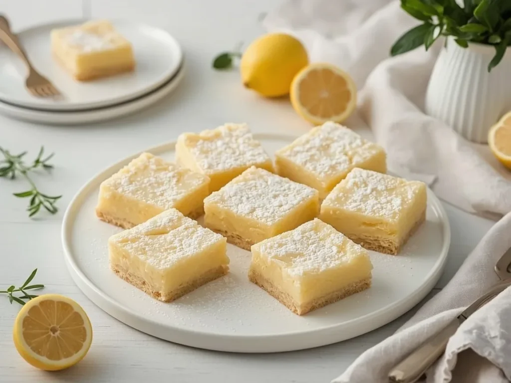 Lemon bars dusted with powdered sugar on a white platter