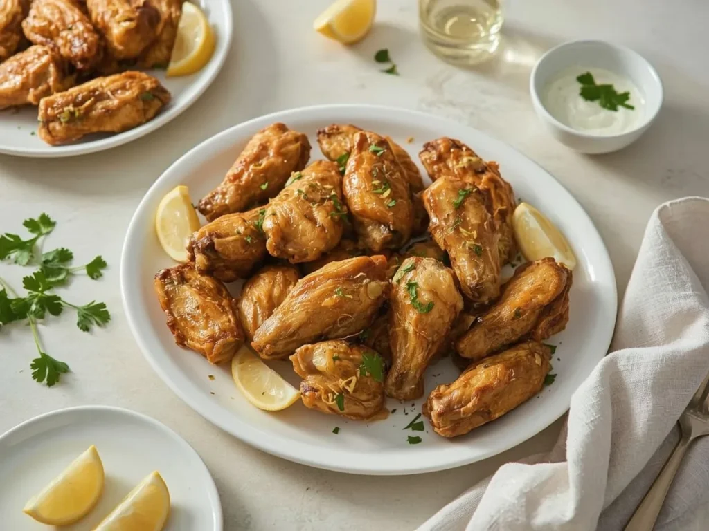 Lemon-garlic baked chicken wings with parsley and lemon wedges on a white platter