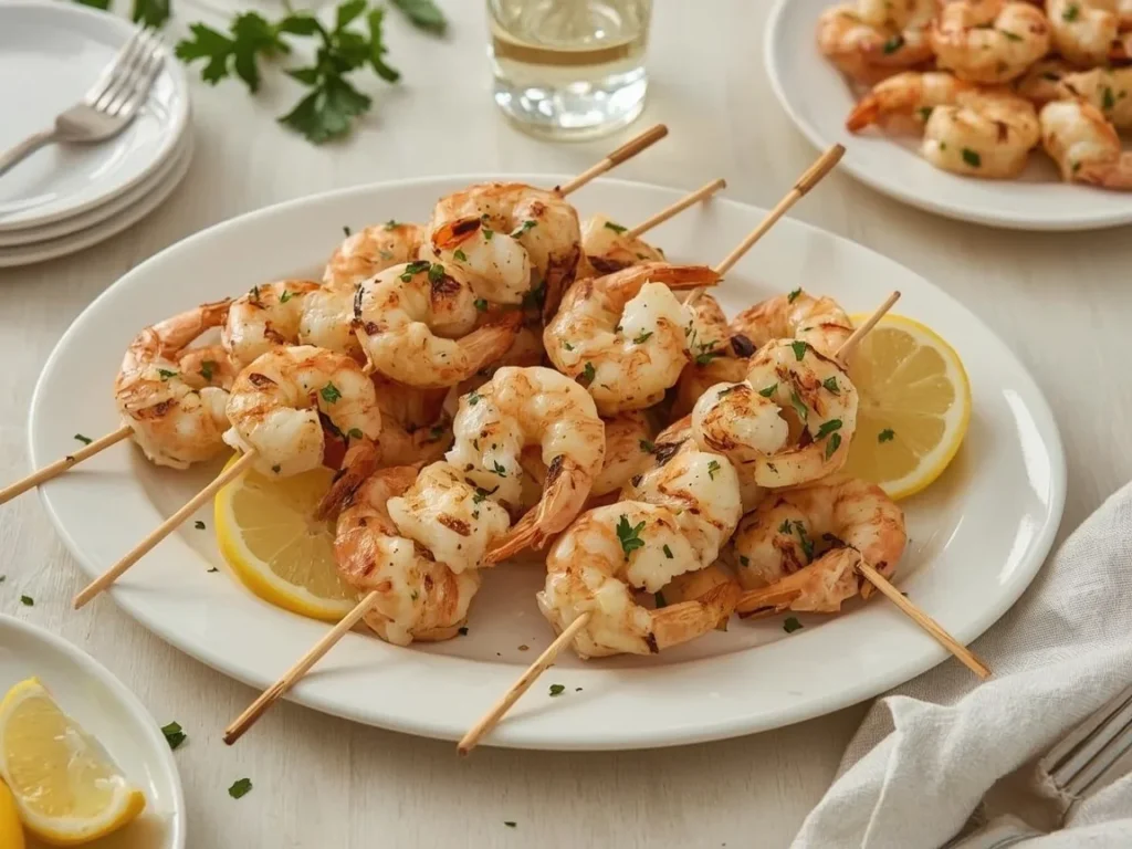 Lemon garlic shrimp skewers with parsley and lemon wedges on a white platter