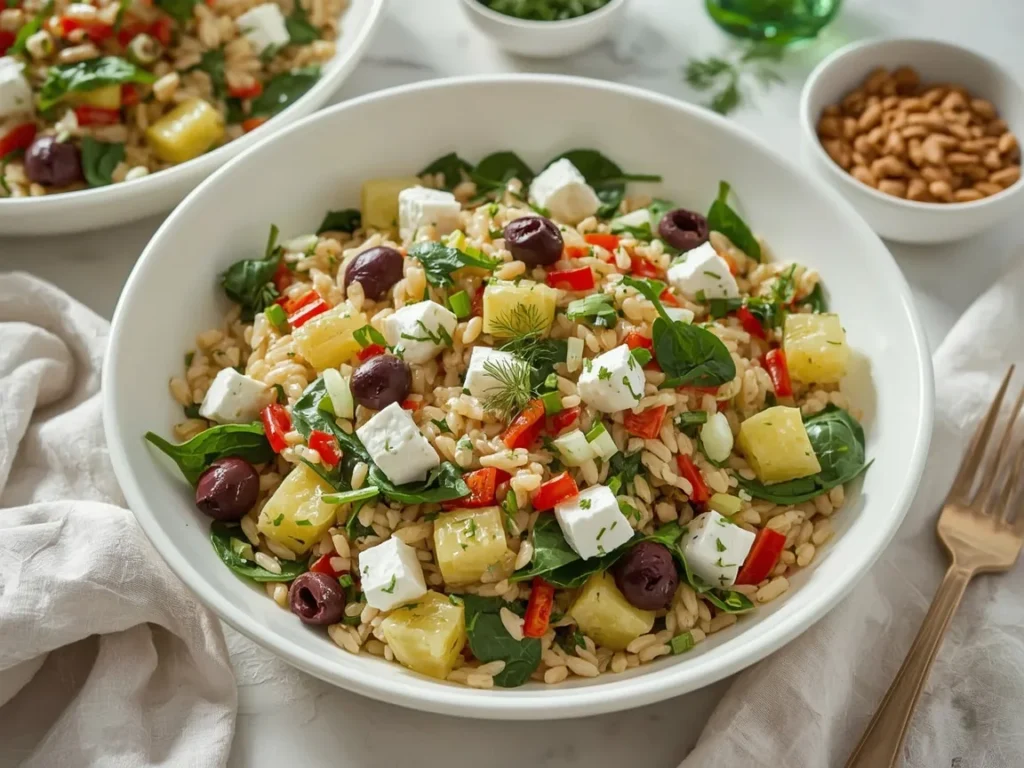 Lemon orzo salad with feta, olives, roasted peppers and spinach in a white bowl