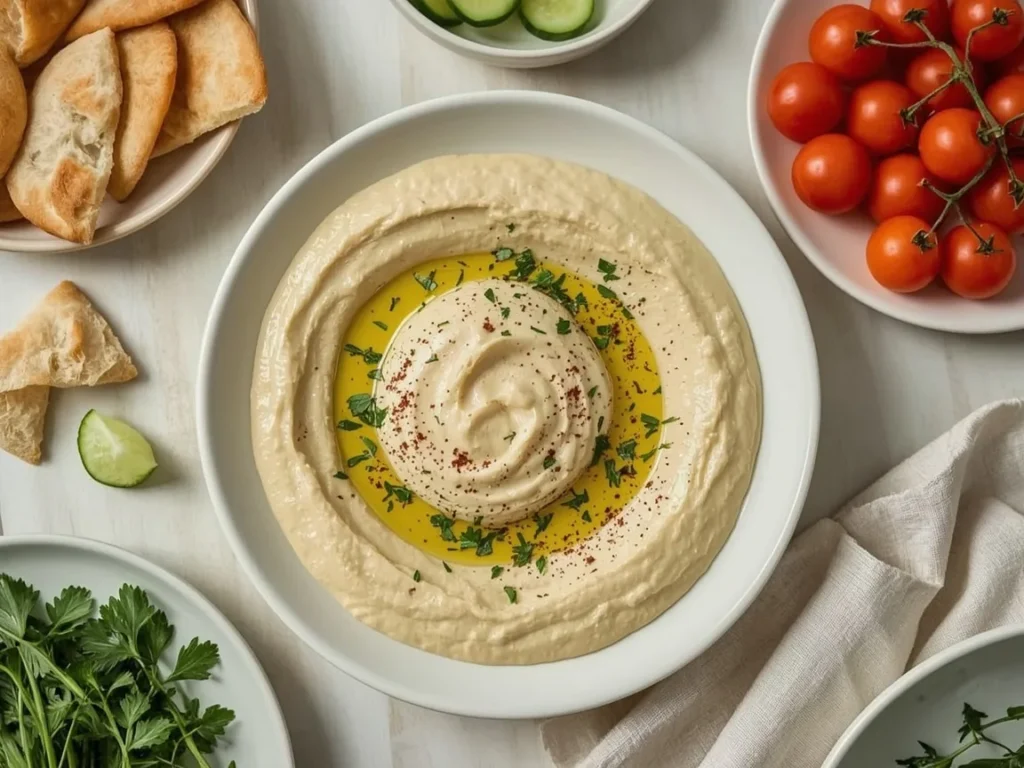 Lemony herb hummus with olive oil and paprika surrounded by pita and vegetables