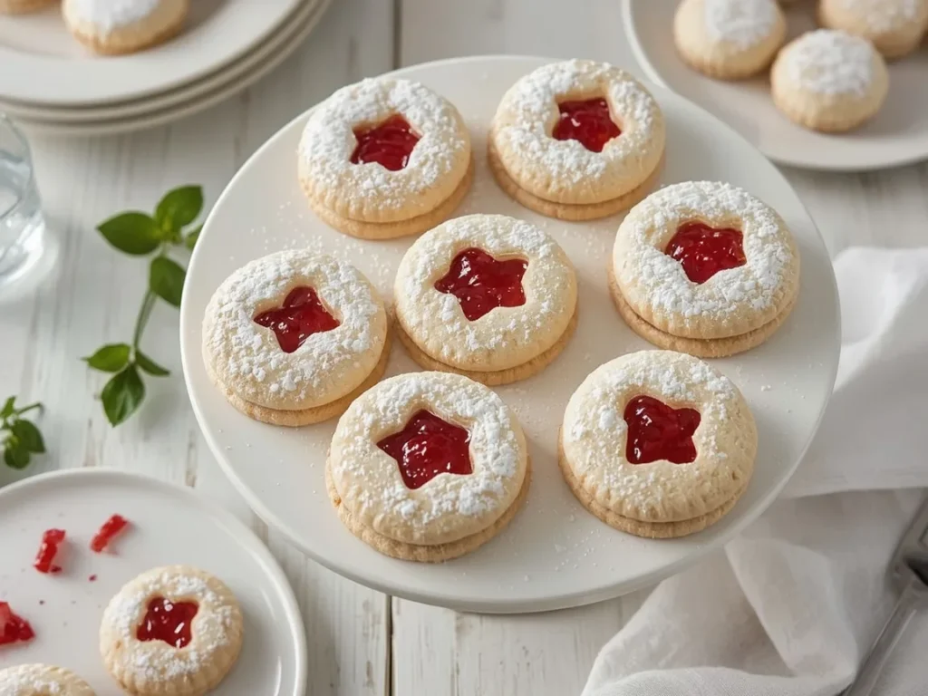 Linzer cookies with raspberry jam windows dusted with powdered sugar on a cake stand