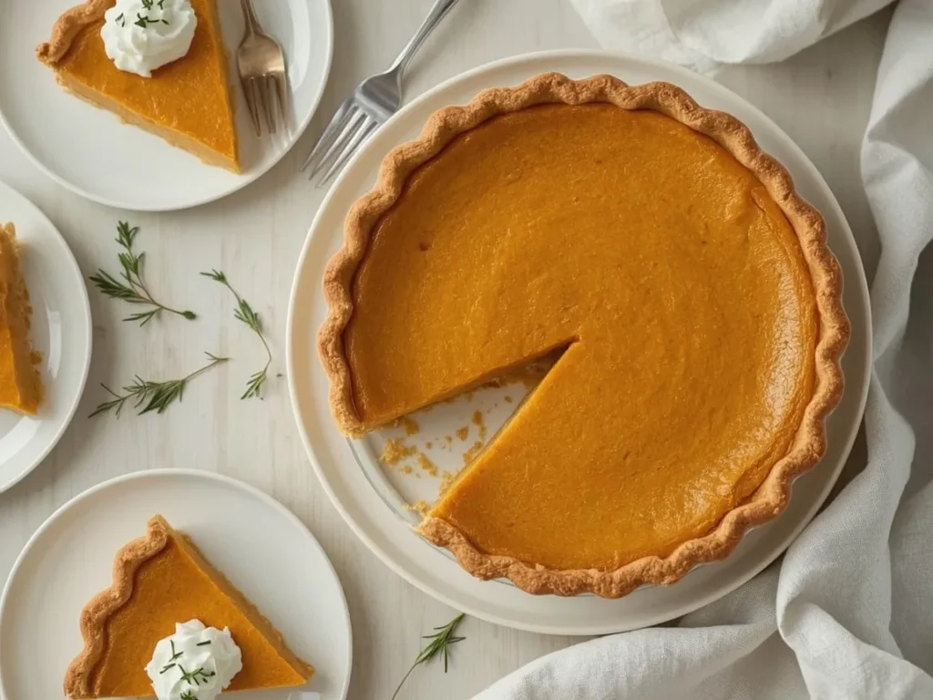 Classic pumpkin pie with a slice served with whipped cream
