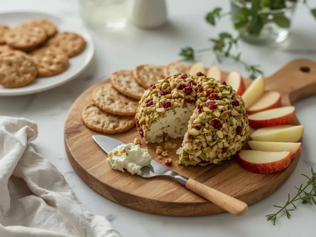 Cranberry pistachio cheese ball with crackers and apple slices