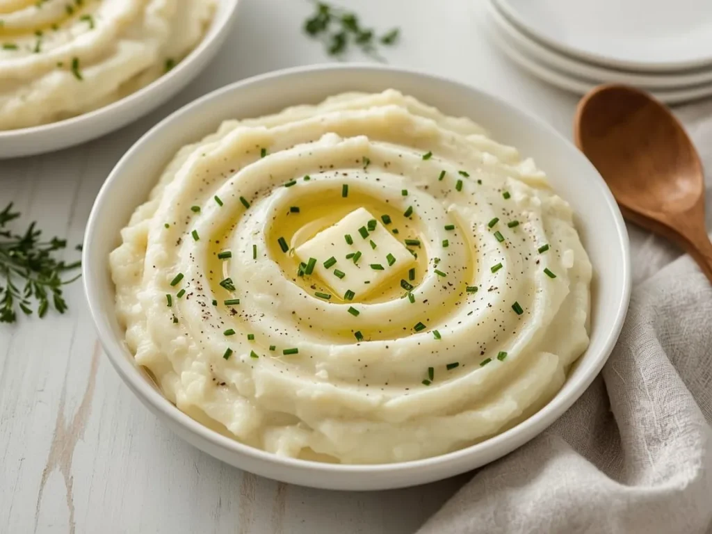 Make-ahead garlic mashed potatoes in a white bowl topped with melting butter and chives