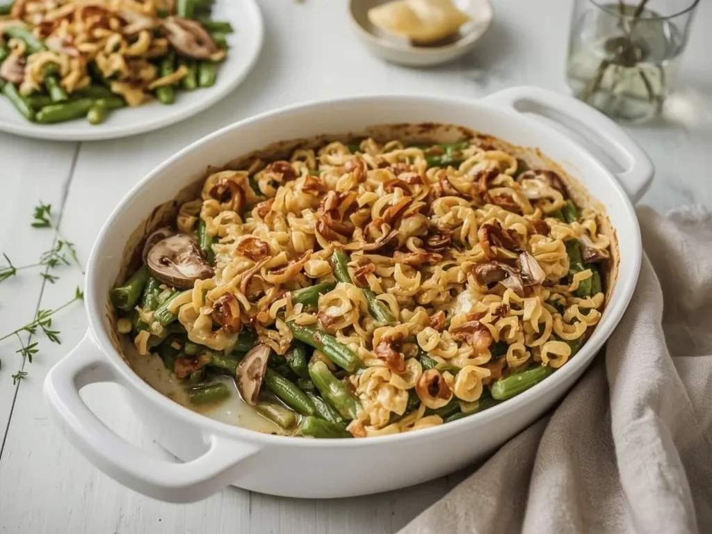 Green bean casserole topped with crispy fried shallots