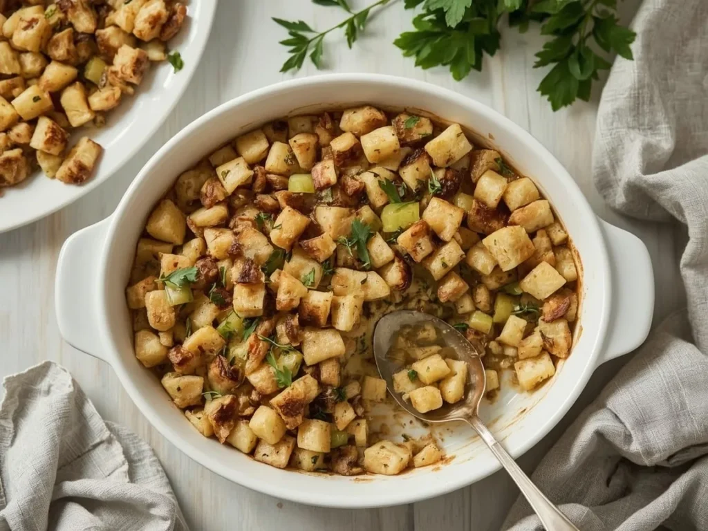 Make-ahead herb stuffing with apples in a baking dish