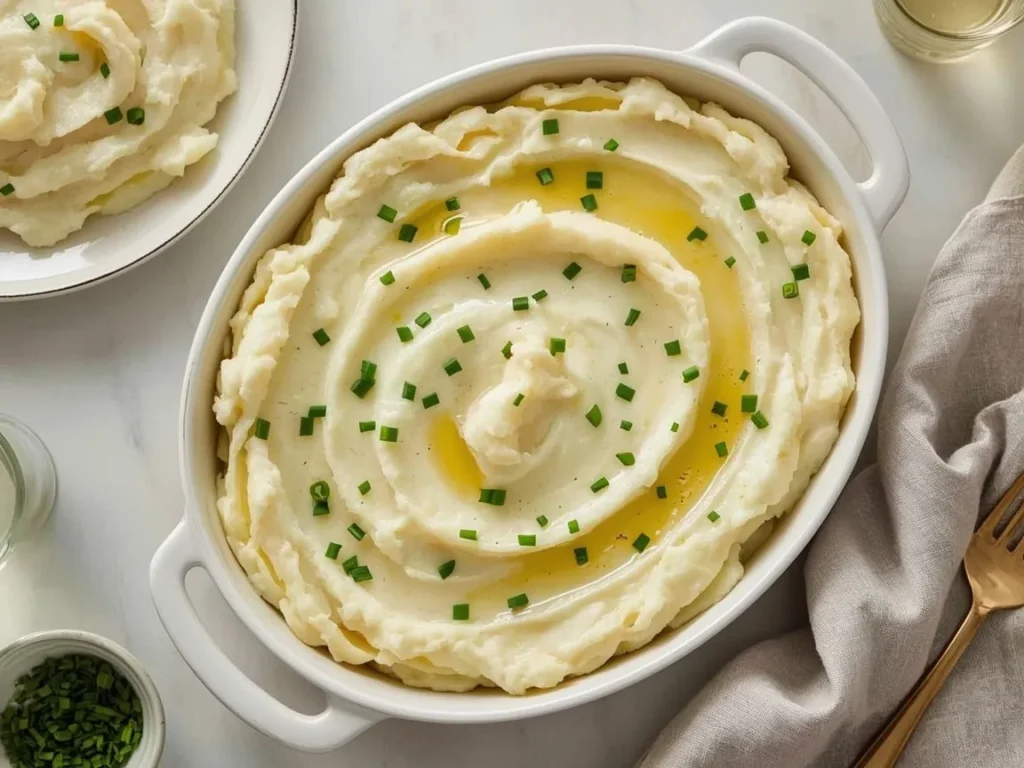 Make-ahead mashed potatoes baked with golden top and butter