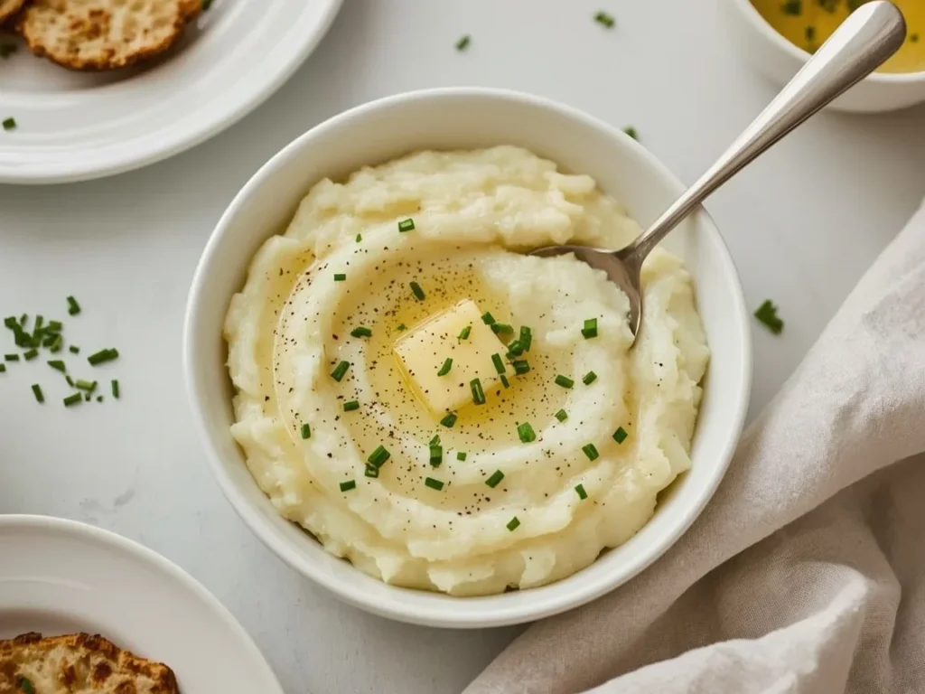 Creamy make-ahead mashed potatoes with melted butter and chives