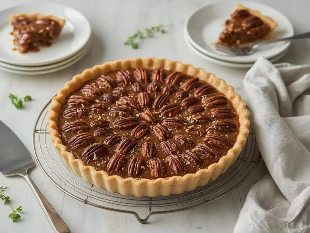 Make-ahead pecan pie with pecan halves on a cooling rack