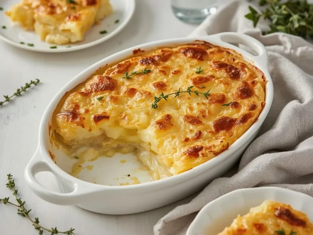 Golden potato gratin in an oval baking dish with creamy layers