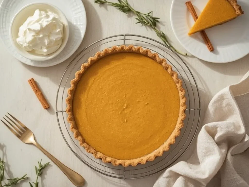 Make-ahead pumpkin pie on a cooling rack with whipped cream
