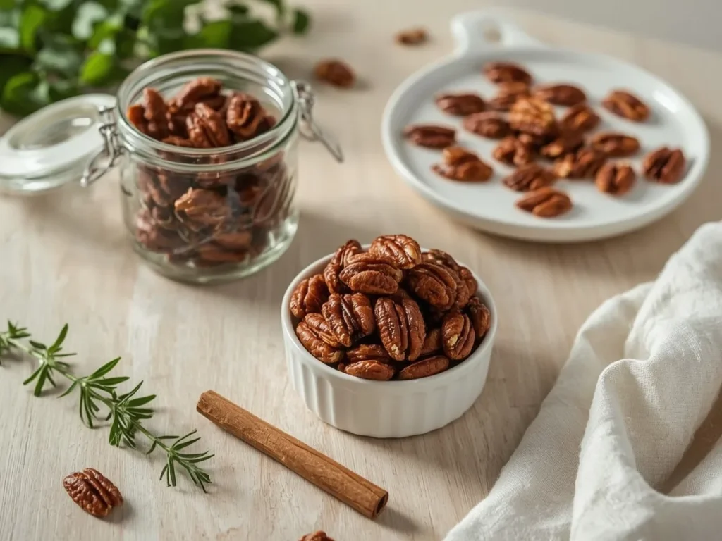 Spiced candied pecans in a glass jar and bowl