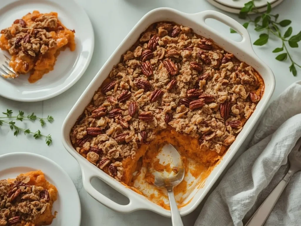 Sweet potato casserole with pecan streusel, one serving scooped out