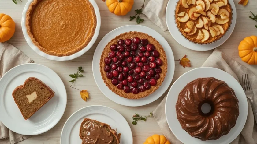 Make-ahead Thanksgiving desserts with pumpkin pie, apple pie, cranberry tart, gingerbread Bundt and pumpkin roll