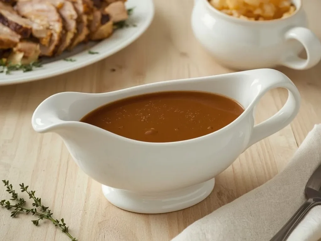 Rich make-ahead turkey gravy in a white gravy boat