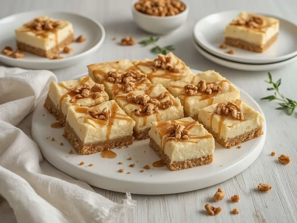 Maple cheesecake bars with graham crust drizzled with maple syrup