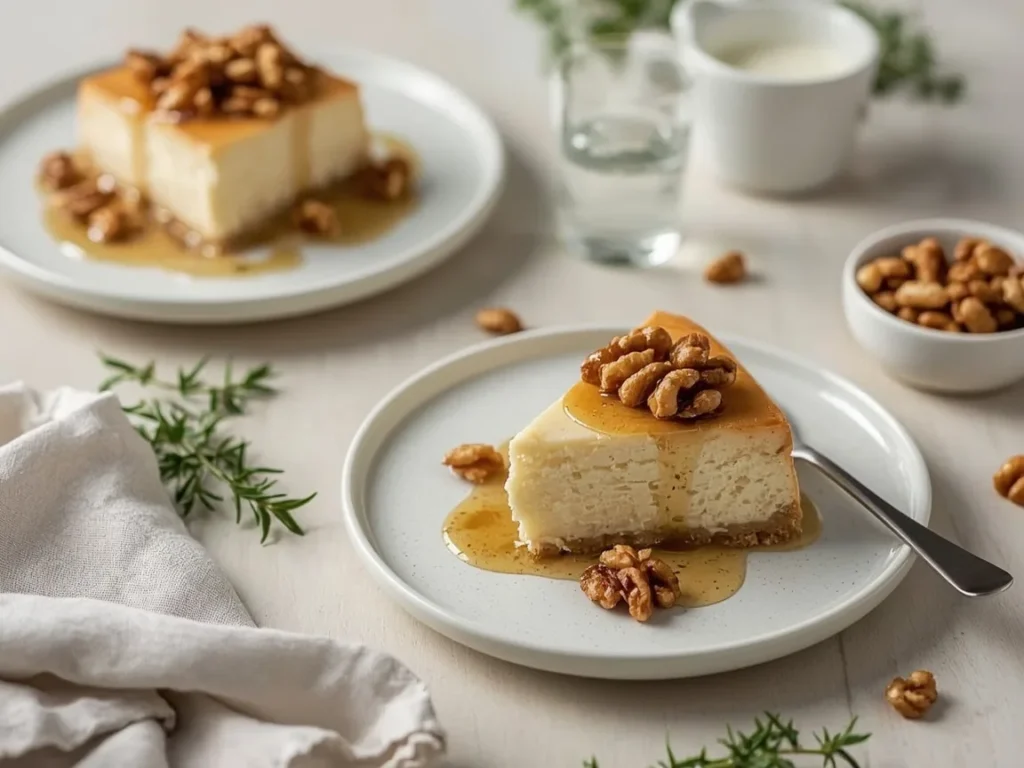Maple cheesecake with candied walnuts and maple drizzle