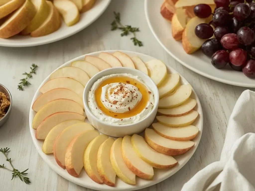 Maple cinnamon fruit dip with apples, pears and grapes