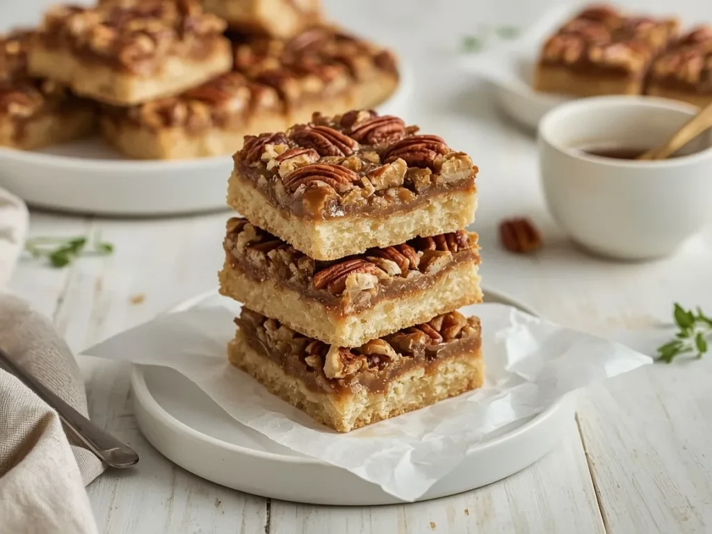 Maple pecan bars with shortbread crust stacked on parchment