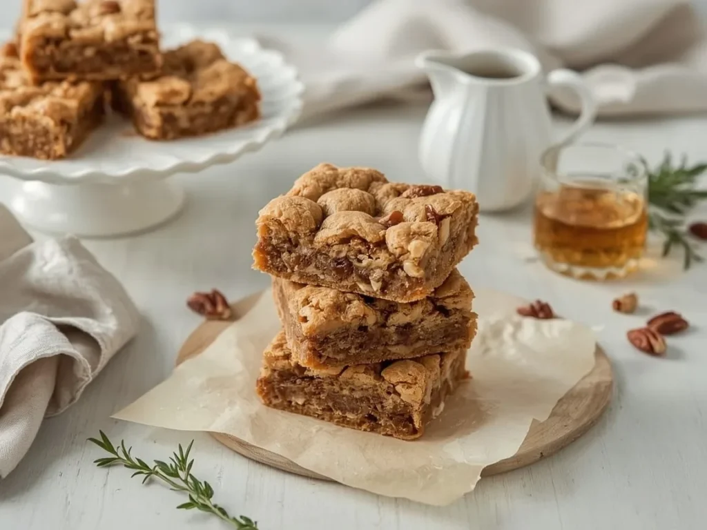 Maple pecan blondies cut into squares stacked on parchment