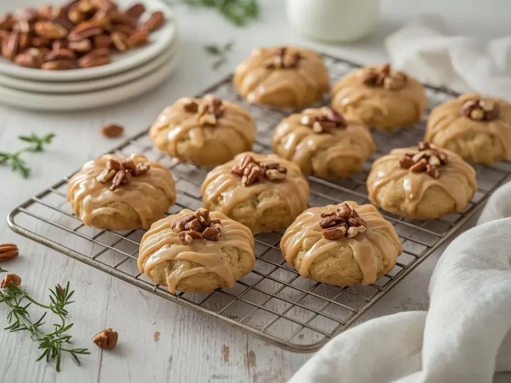 Maple pecan cookies with maple glaze on a cooling rack