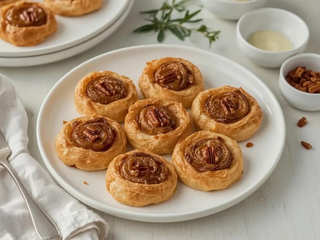 Maple pecan palmiers with caramelized brown sugar swirls on a white plate