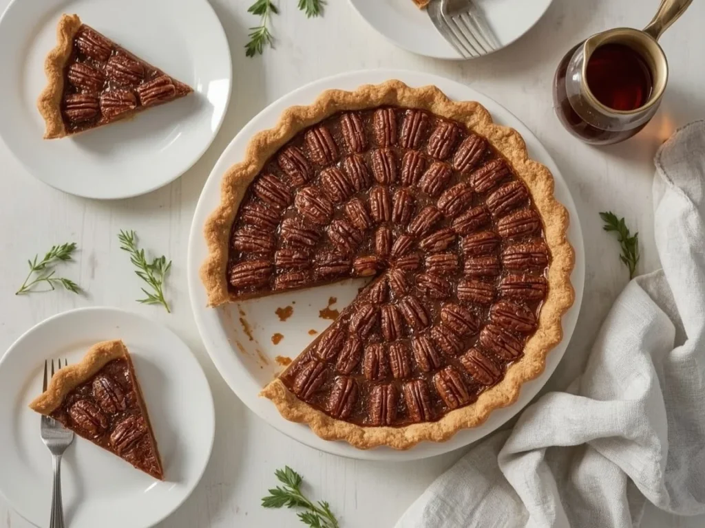 Maple pecan pie with one slice removed