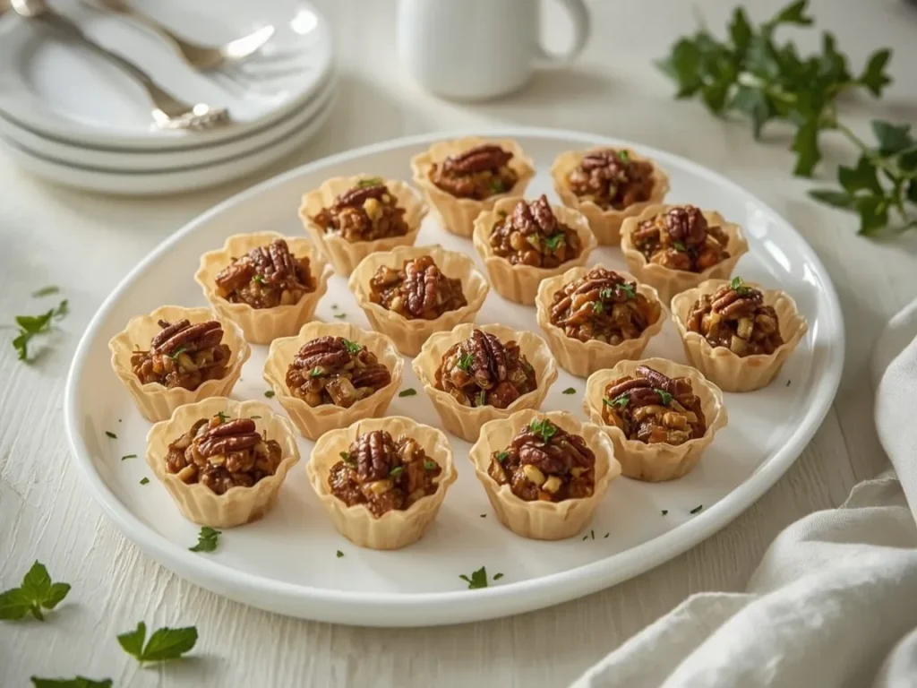 Maple pecan pie bites in mini phyllo cups on a white platter