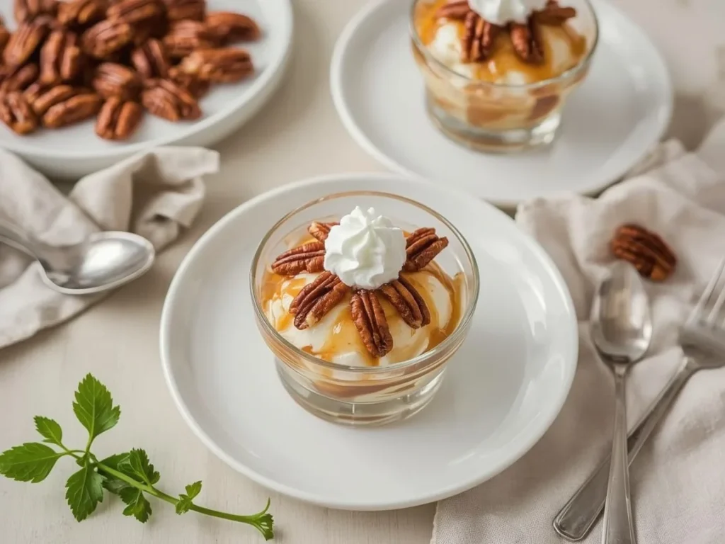 Vanilla ice cream sundaes topped with warm maple pecan sauce