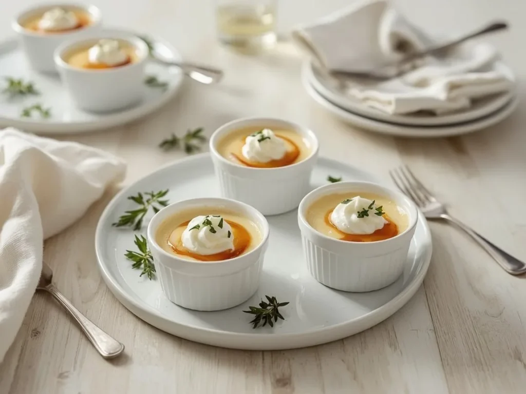 Maple pots de crème in white ramekins with whipped cream